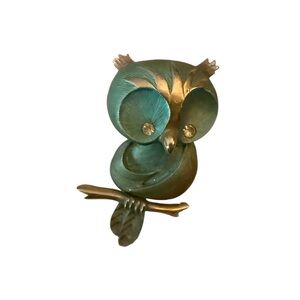 Vintage Owl Brooch – Gold Tone & Teal Enamel – Rhinestone Eyes – 2”